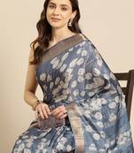 Blue printed silk blend ethnic saree with blouse piece