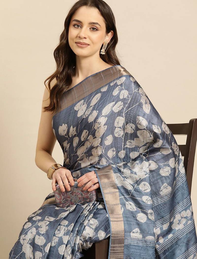 Blue printed silk blend ethnic saree with blouse piece