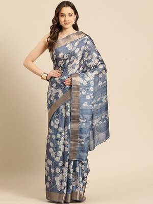 Blue printed silk blend ethnic saree with blouse piece 2