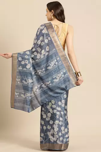 Blue printed silk blend ethnic saree with blouse piece