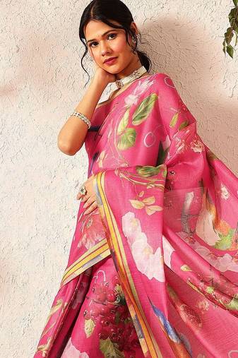 Pink printed silk cotton ethnic saree with blouse piece