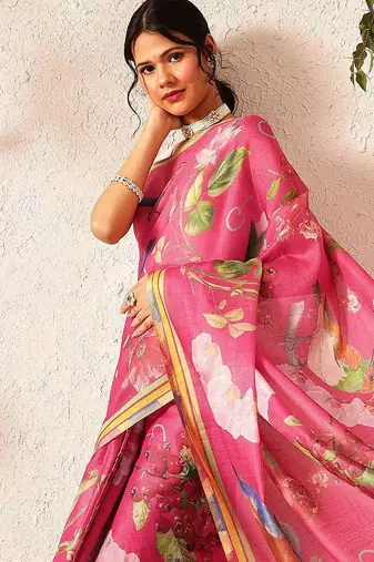 Pink printed silk cotton ethnic saree with blouse piece