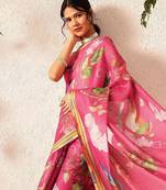 Pink printed silk cotton ethnic saree with blouse piece