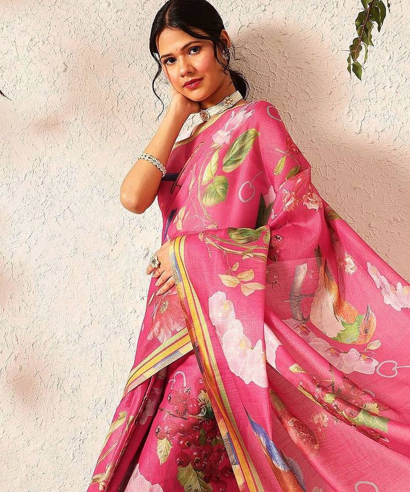 Pink printed silk cotton ethnic saree with blouse piece