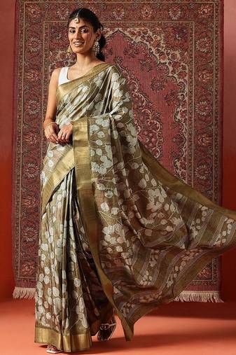 Olive printed art silk ethnic saree with blouse piece
