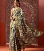 Olive printed art silk ethnic saree with blouse piece