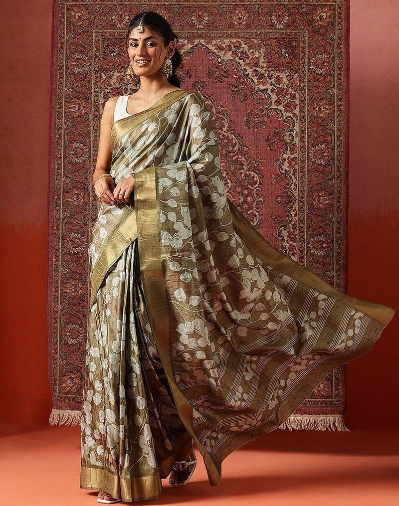 Olive printed art silk ethnic saree with blouse piece
