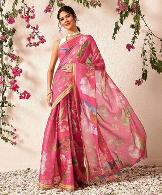 Pink printed silk cotton ethnic saree with blouse piece 2