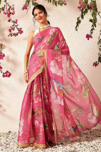 Pink printed silk cotton ethnic saree with blouse piece