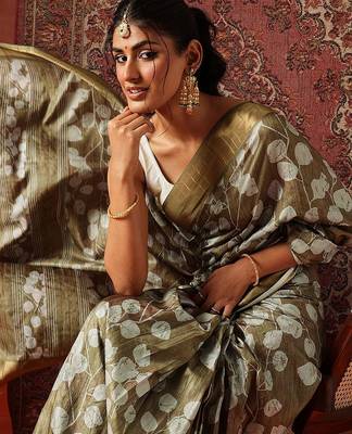 Olive printed art silk ethnic saree with blouse piece 2