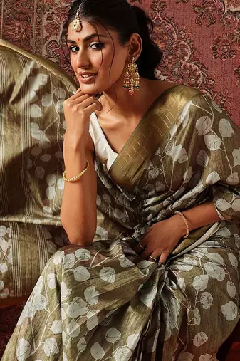 Olive printed art silk ethnic saree with blouse piece