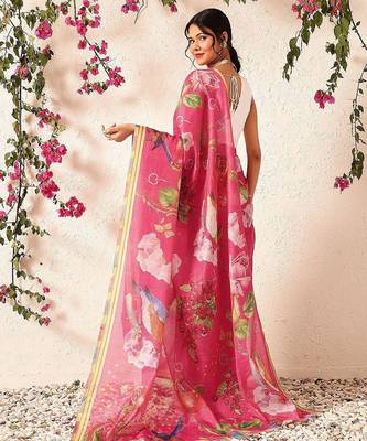 Pink printed silk cotton ethnic saree with blouse piece 3