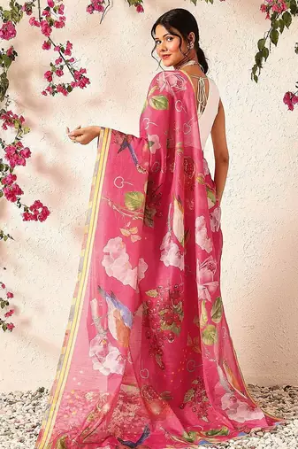 Pink printed silk cotton ethnic saree with blouse piece