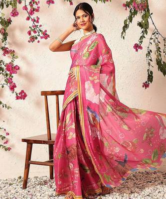 Pink printed silk cotton ethnic saree with blouse piece 4