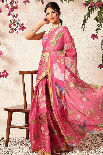Pink printed silk cotton ethnic saree with blouse piece