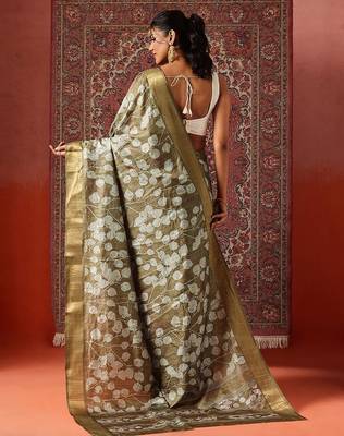 Olive printed art silk ethnic saree with blouse piece 3