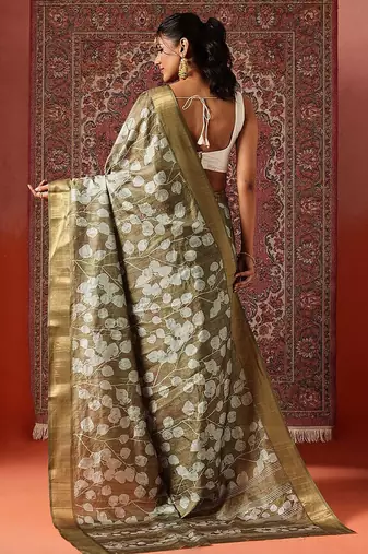 Olive printed art silk ethnic saree with blouse piece