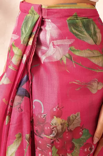 Pink printed silk cotton ethnic saree with blouse piece