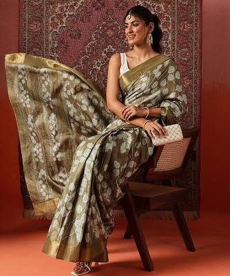 Olive printed art silk ethnic saree with blouse piece 4