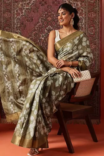 Olive printed art silk ethnic saree with blouse piece