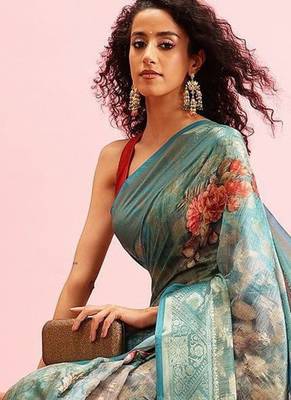 Teal woven cotton blend traditional saree with blouse piece 1