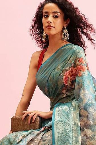 Teal woven cotton blend traditional saree with blouse piece