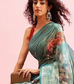 Teal woven cotton blend traditional saree with blouse piece