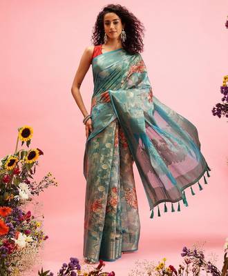 Teal woven cotton blend traditional saree with blouse piece 2
