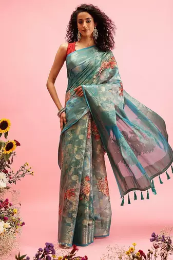 Teal woven cotton blend traditional saree with blouse piece