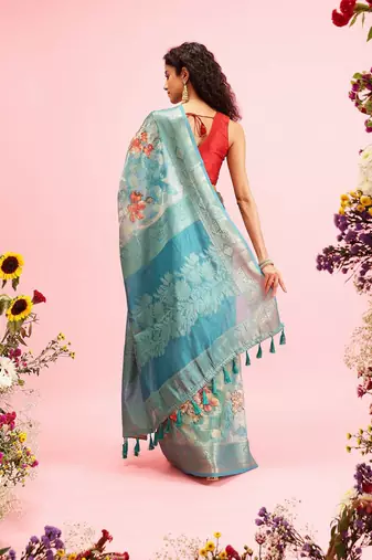 Teal woven cotton blend traditional saree with blouse piece