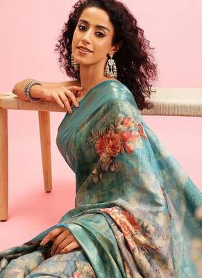 Teal woven cotton blend traditional saree with blouse piece 4