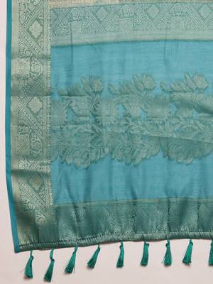 Teal woven cotton blend traditional saree with blouse piece 5