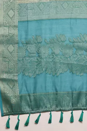 Teal woven cotton blend traditional saree with blouse piece