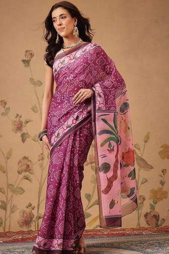 Pink printed cotton blend ethnic saree with blouse piece