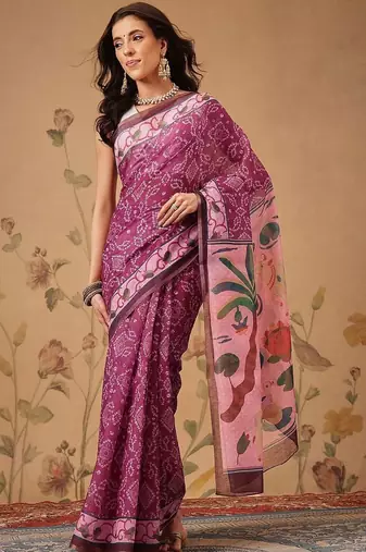 Pink printed cotton blend ethnic saree with blouse piece