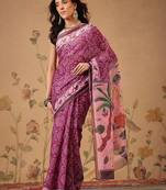 Pink printed cotton blend ethnic saree with blouse piece