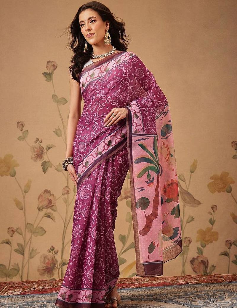 Pink printed cotton blend ethnic saree with blouse piece