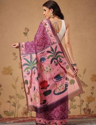 Pink printed cotton blend ethnic saree with blouse piece 2