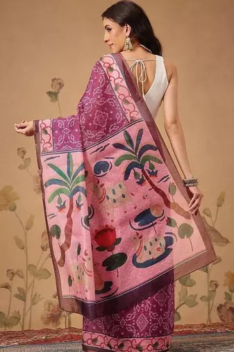 Pink printed cotton blend ethnic saree with blouse piece
