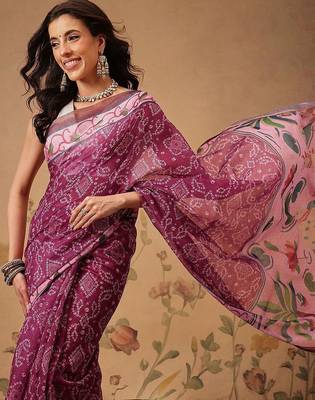 Pink printed cotton blend ethnic saree with blouse piece 3