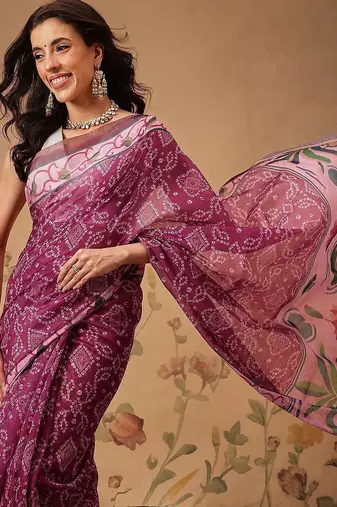 Pink printed cotton blend ethnic saree with blouse piece
