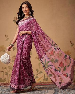 Pink printed cotton blend ethnic saree with blouse piece 4