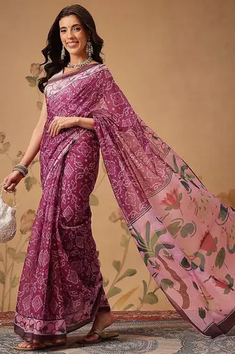Pink printed cotton blend ethnic saree with blouse piece