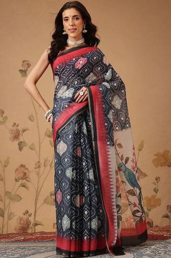 Navy blue printed cotton blend ethnic saree with blouse piece