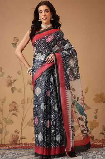 Navy blue printed cotton blend ethnic saree with blouse piece