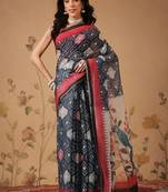 Navy blue printed cotton blend ethnic saree with blouse piece