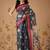 Navy blue printed cotton blend ethnic saree with blouse piece