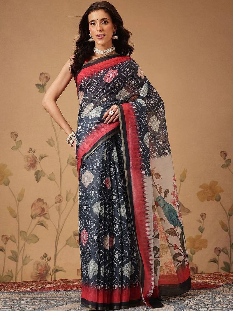Navy blue printed cotton blend ethnic saree with blouse piece
