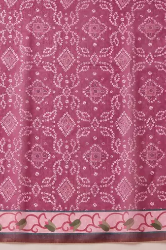 Pink printed cotton blend ethnic saree with blouse piece