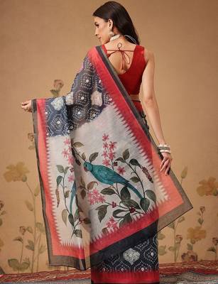 Navy blue printed cotton blend ethnic saree with blouse piece 2